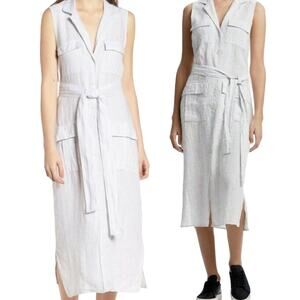 Standard James Perse Linen Shirtdress Sleeveless Striped Midi Belted Gray 0 XS